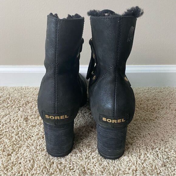 Sorel Addington Chelsea Lace Up Boots Black Leather Lux Holiday Shearling 8.5 - Picture 3 of 6
